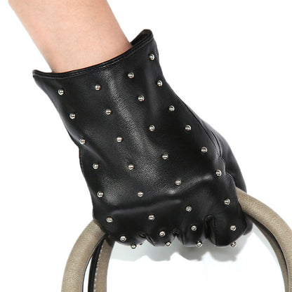 Women’s Leather Gloves for Winter in Black Lambskin with Rivet Detail