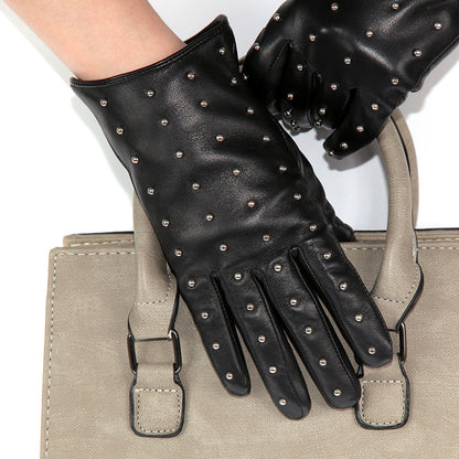 Women’s Leather Gloves for Winter in Black Lambskin with Rivet Detail