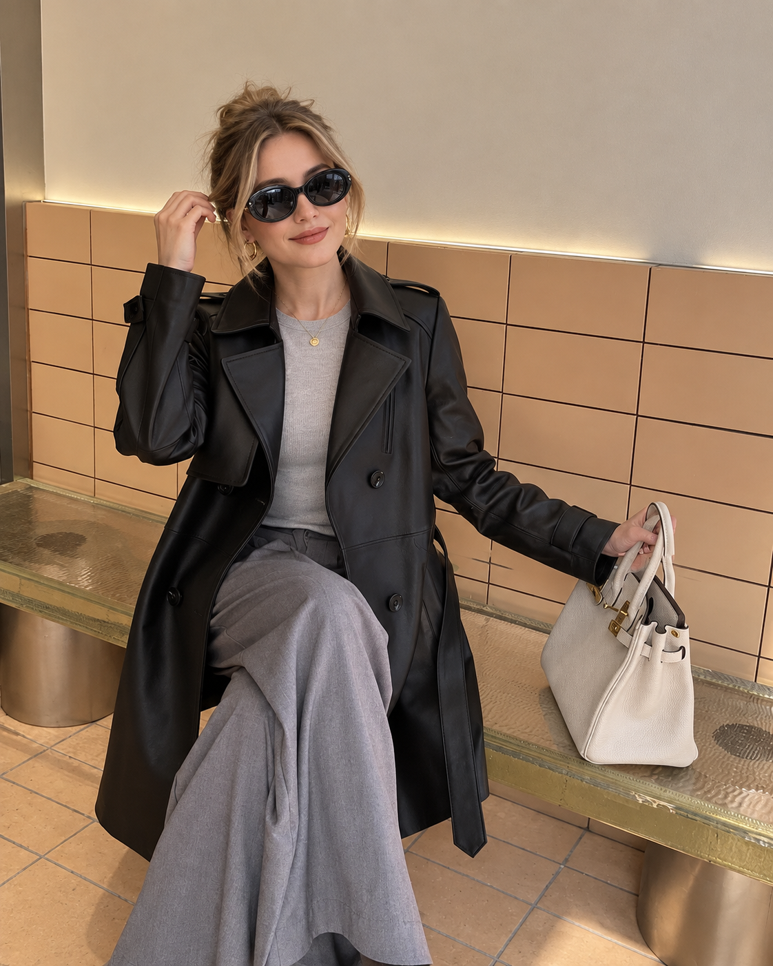 Women's Brown Sheepskin Leather Trench Coat with Belt