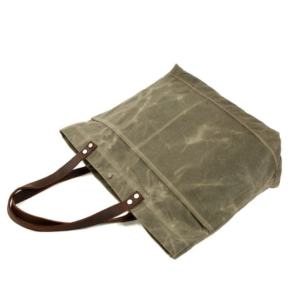 Waxed Canvas Tote Bag with Top-Grain Cowhide Shoulder Handles