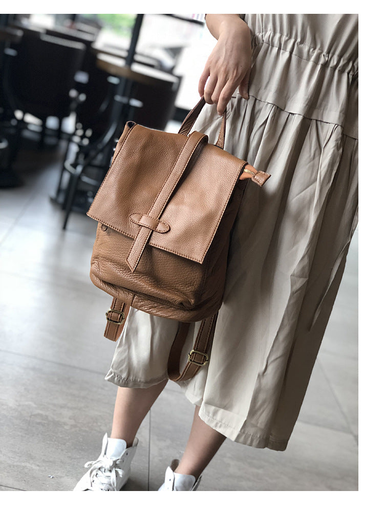 Black Leather Backpack for Women with Laptop Compartment