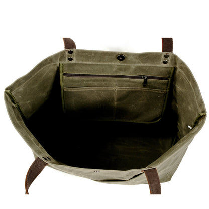 Waxed Canvas Tote Bag with Top-Grain Cowhide Shoulder Handles