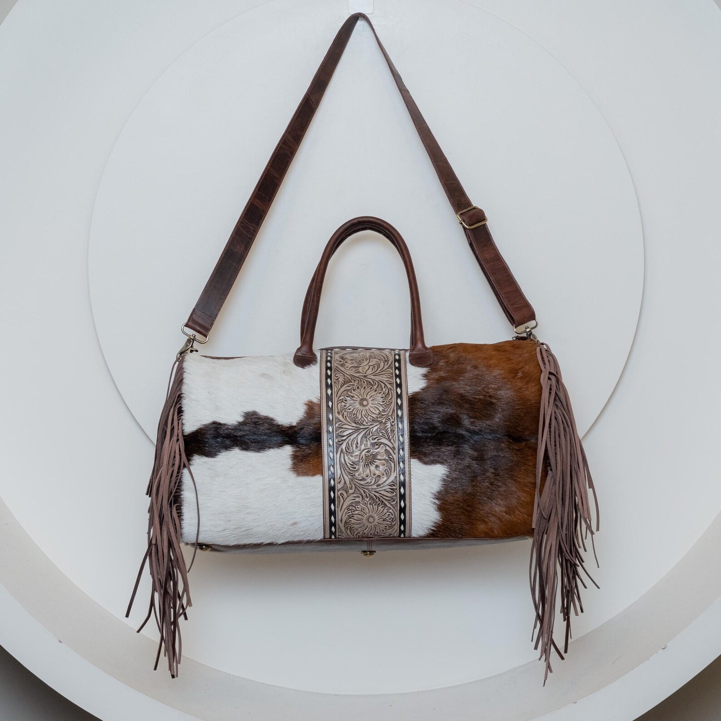 Tooled Leather Cowhide Travel Bag With Fringes