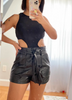 Genuine Leather Waist Belted Shorts with Slant Pockets