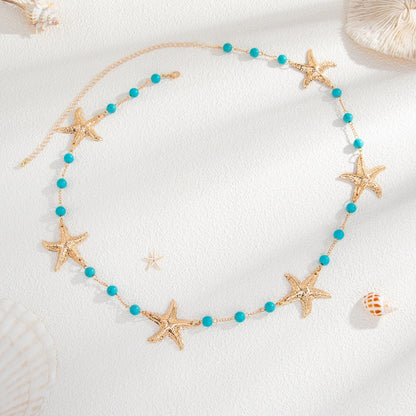 Women’s Gold Starfish Waist Chain with Turquoise Colored Beads