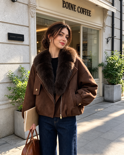 Women’s Brown Fur Collar Bomber Jacket