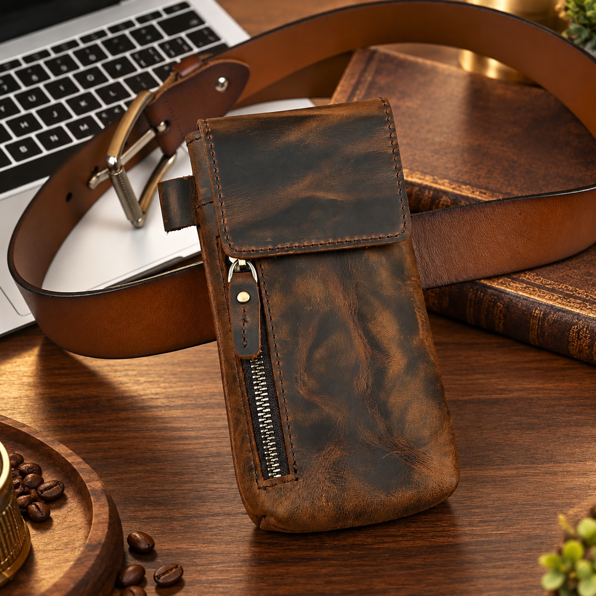 Men’s Leather Waist Bag with Vintage Phone Pouch and Zipper Pocket