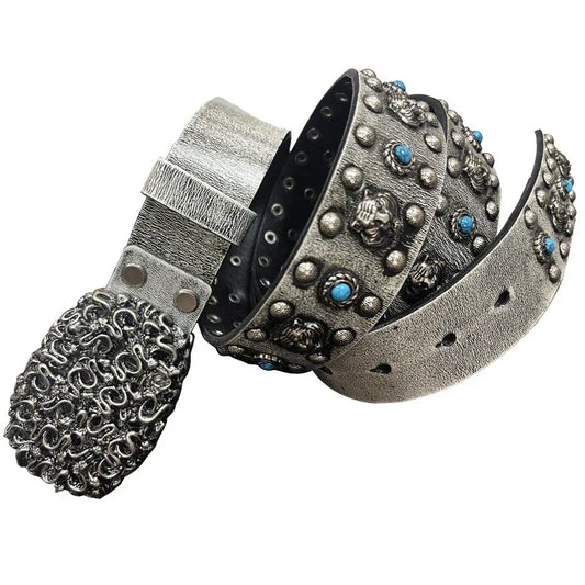 Punk Studded Leather Belt with Turquoise Rivets 1