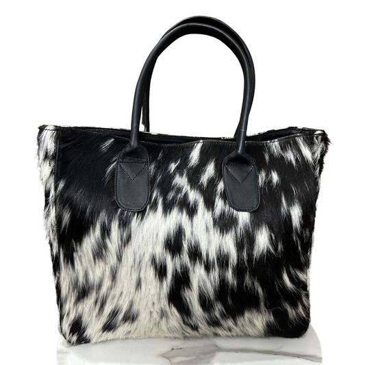 Classic Cowhide Tote Bag Black White