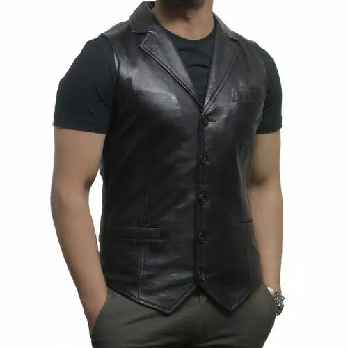 Lapel Buttoned Biker Real Leather Vest Men's