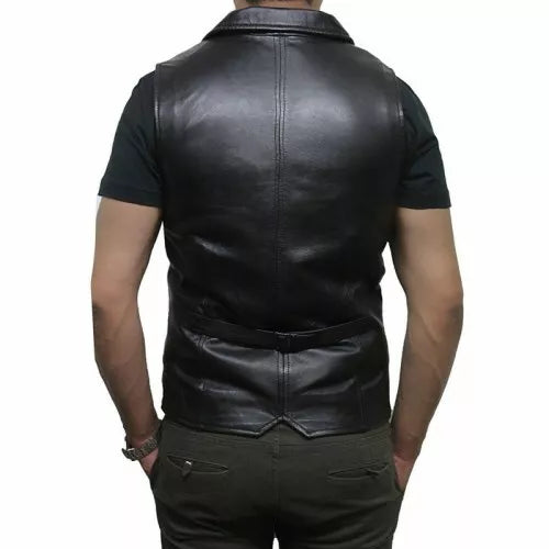 Lapel Buttoned Biker Real Leather Vest Men's