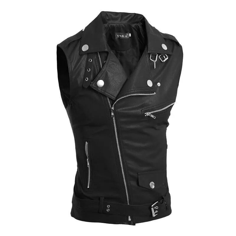 Mens Top Stand Collar Zipper Leather Vest