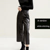 Irregular Cut Leather Wide Leg Pants for Women Cropped Straight Fit