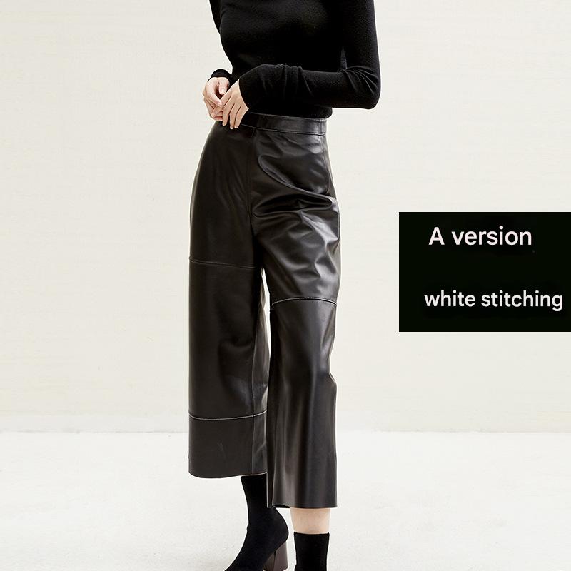 Irregular Cut Leather Wide Leg Pants for Women Cropped Straight Fit