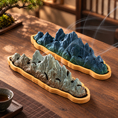Mountain Incense Burner with Ceramic Landscape and Bamboo Base