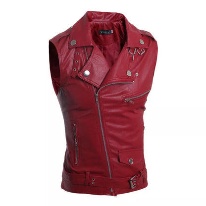 Mens Top Stand Collar Zipper Leather Vest