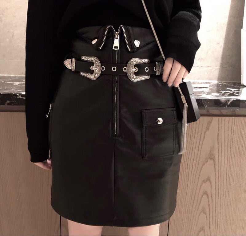 High Waist Leather Mini Skirt with Double Buckle Belt