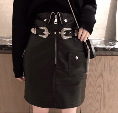 High Waist Leather Mini Skirt with Double Buckle Belt