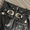 High Waist Leather Mini Skirt with Double Buckle Belt