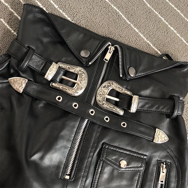 High Waist Leather Mini Skirt with Double Buckle Belt