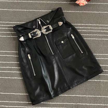 High Waist Leather Mini Skirt with Double Buckle Belt