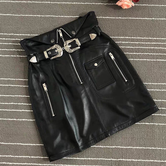 High Waist Leather Mini Skirt with Double Buckle Belt