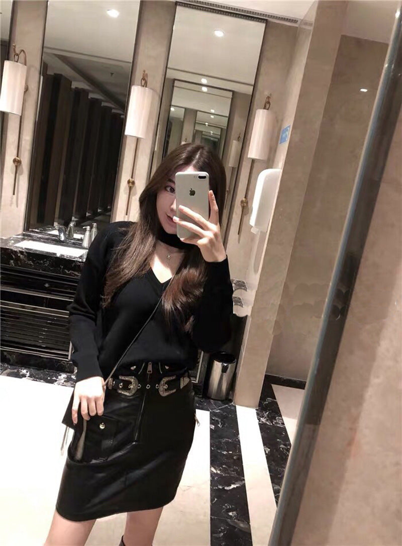 High Waist Leather Mini Skirt with Double Buckle Belt