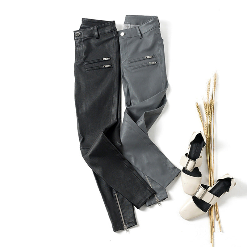 Women Skinny Leather Pants with Zippers