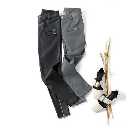 Women Skinny Leather Pants with Zippers