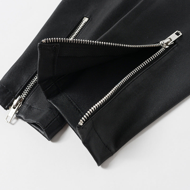 Women Skinny Leather Pants with Zippers