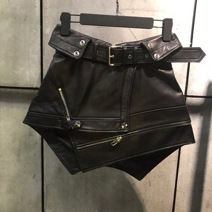 Women Genuine Leather Motorcycle Mini Skirt