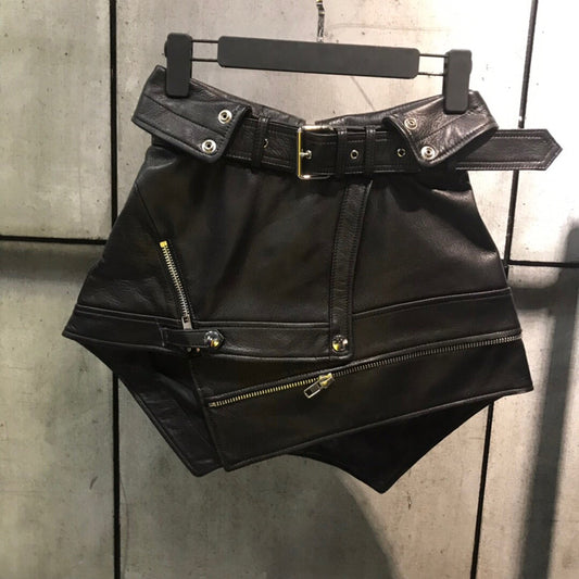 Women Genuine Leather Motorcycle Mini Skirt