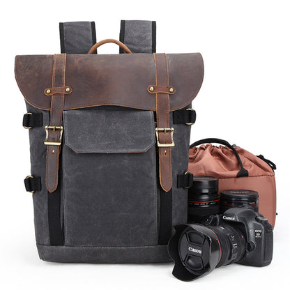 Waxed Canvas Leather Backpack with Removable Camera Insert and Dividers