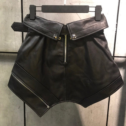 Women Genuine Leather Motorcycle Mini Skirt