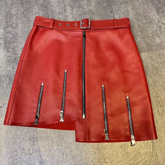 Women’s Asymmetrical Zipper Leather Mini Skirt with Belt