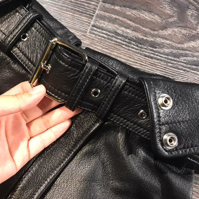 Women Genuine Leather Motorcycle Mini Skirt