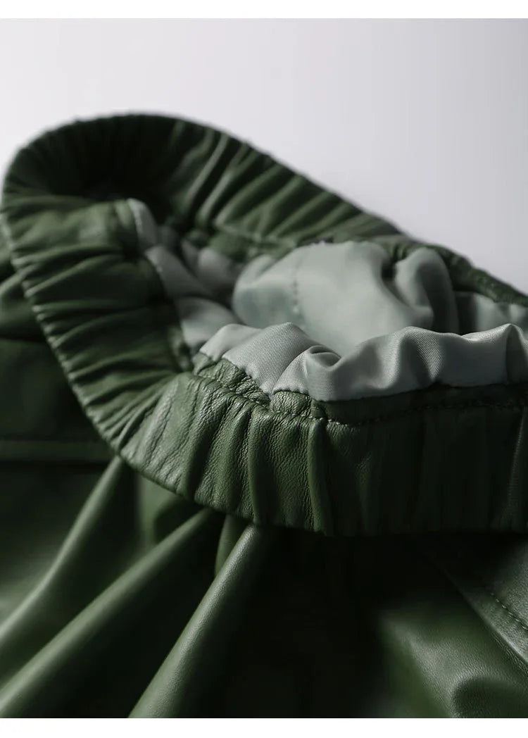 Green lambskin high waist a-line midi leather skirt