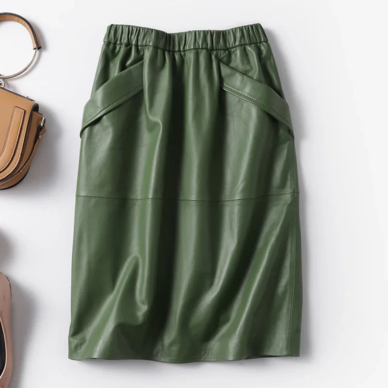 Green lambskin high waist a-line midi leather skirt