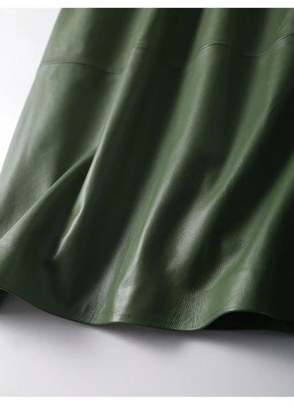 Green lambskin high waist a-line midi leather skirt