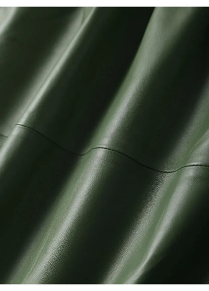 Green lambskin high waist a-line midi leather skirt