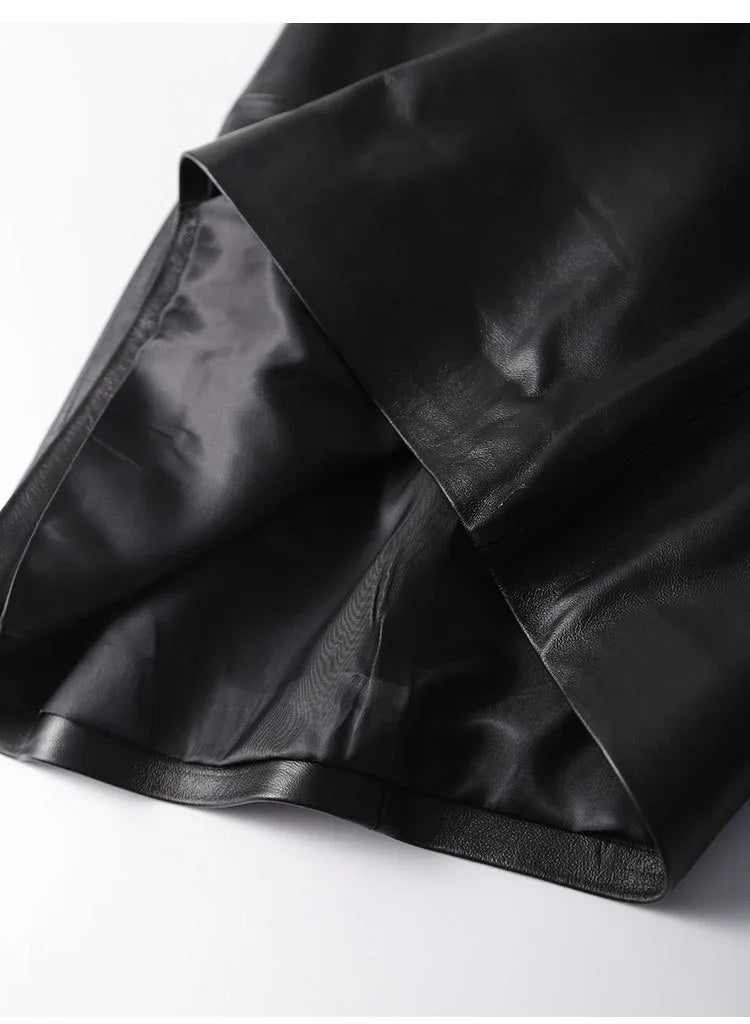 Green lambskin high waist a-line midi leather skirt