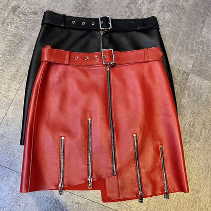 Women’s Asymmetrical Zipper Leather Mini Skirt with Belt