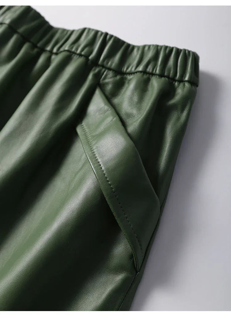 Green lambskin high waist a-line midi leather skirt