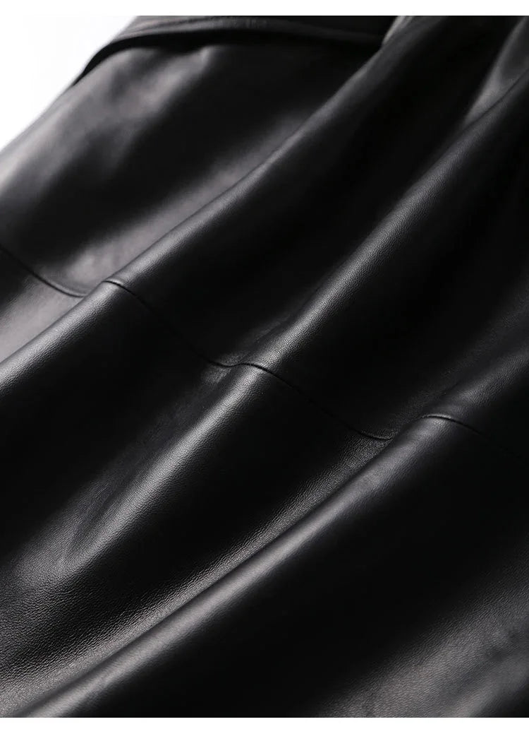 Green lambskin high waist a-line midi leather skirt