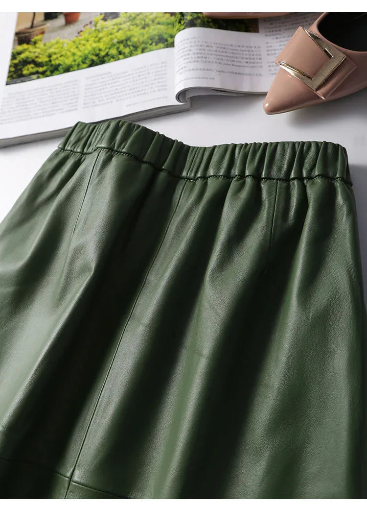 Green lambskin high waist a-line midi leather skirt