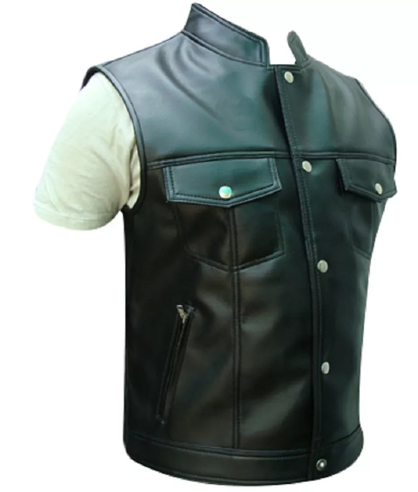 Men's Real Black Cowhide Leather Biker Vest