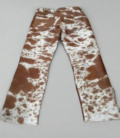 Cow print pants made from authentic hair-on cowhide, tailored for rodeo events, country weddings, and rustic fashion enthusiasts who prefer real cowhide texture.
