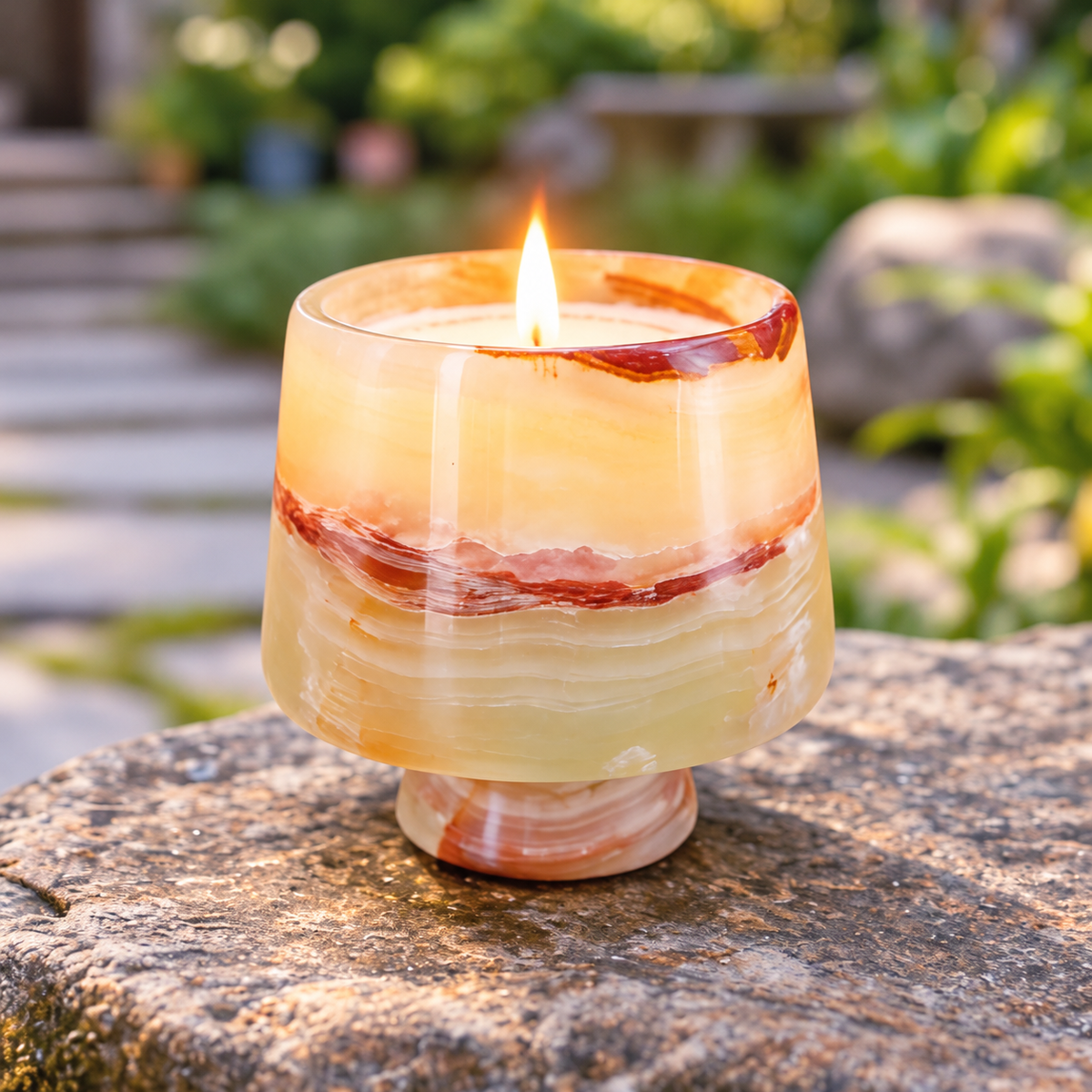 Marble Candle Cup Holder with Pedestal Base and Layered Stone