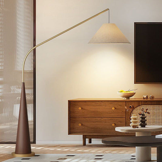 Modern Curved Arc Floor Lamp with Wood Base and Fabric Shade