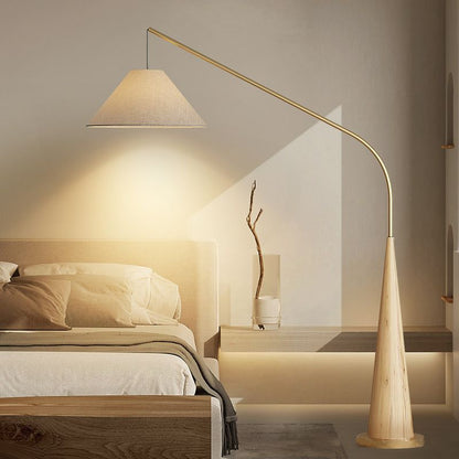 Modern Curved Arc Floor Lamp with Wood Base and Fabric Shade